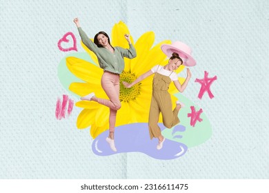 Shopping placard collage of two young girls dancing mother daughter celebrate international women day march isolated over daisy background