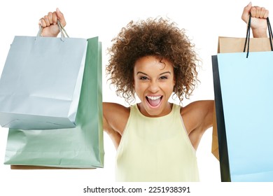 Shopping, retail and black woman customer excited with sale or deal isolated against a studio white background. Portrait of happy, fashion and joyful winner celebrating holding bags at a giveaway - Shutterstock ID 2251938391