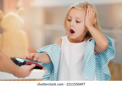 Shopping, Retail And Child In Shock With A Credit Card, Learning Payment On Card Machine. Shop, Fashion Or Rich Young Girl With Shocked Wow Face With Card. Mockup For Fashionista, Sale And Clothes