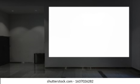 Shopping Retail Mall Advertisement Space Blank Light Box Concept At The Wall. Large Ad Billboard Or Poster Mock Up For Videowall, Digital Signage Or Marketing Information Screen