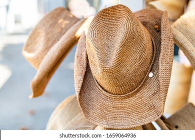 Shopping For Straw Beach Hat Display Closeup In Outdoor Market Shop Store In Florida European Mediterranean Town Village