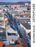 Shopping street, pedestrian zone in Saarbrücken. Bahnhofstrasse from above