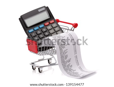 Shopping till receipt, calculator and cart concept for grocery expenses and consumerism