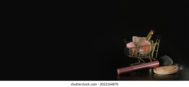 Shopping Trolley Full Of Make Up And Cosmetic Goods On Black Background. Black Friday Concept. Sale And Discount. Goods For Women. Closeup Of A Basket With Products For Make-up. Beauty Background