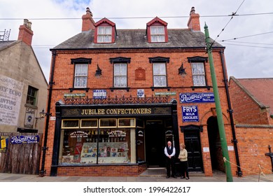 Shops On The High Street In The 1900s Town Of Beamish Village, Durham County, England, United Kingdom, 12th Of June 2021