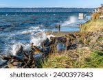 Shore break on a sea wall in Burien, Washington.