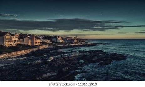 Shore Drive Beach Cottages And Home Viewed From Easton Bay In Middletown, Rhode Island.