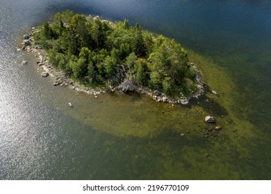 The Shore Of A Forest Lake. Aerial Top View.