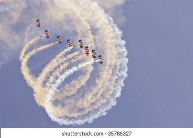 SHOREHAM, W SUSSEX - AUGUST 23: RAF Skydiving Team Perform A Synchronized Display At Shoreham Airport Airshow August 23, 2009 In Shoreham, UK