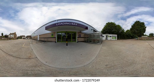Shoreham-by-Sea West Sussex UK, 13th July 2019: 360 Degree panoramic sphere photo of the Shoreham-by-Sea Ready Steady Store storage premises showing the loading bay and the car park