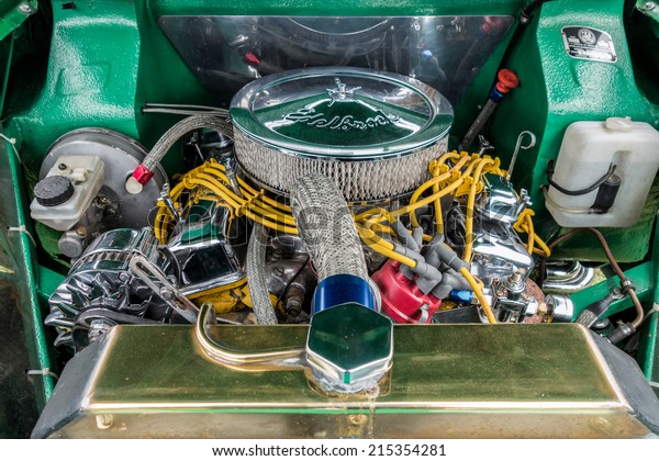 SHOREHAM-BY-SEA, WEST SUSSEX/UK - AUGUST 30 : Engine\
bay of souped up Vauxhall Victor parked on Shoreham Airfield in\
West Sussex on August 30,\
2014