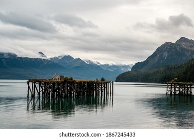 Shoreline, Cordova, Alaska. Old stake in the water. Mountains. Molo.