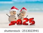 Shoreside Sandy Snowmen: Seaside Celebration. Creative design concept with 3d numbers for the new year