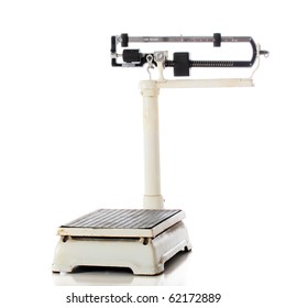 A Short, Antique Mechanical Or Balance Beam Scale Isolated On White.