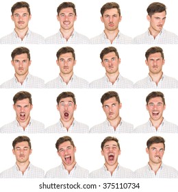 Short And Black Hair Mustache Young Caucasian Man Collection Set Of Face Expression Like Happy, Sad, Angry, Surprise, Yawn Isolated On White