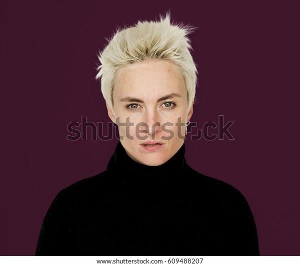 Short Blonde Hair Black Dress Staring Stock Photo Edit Now 609488207