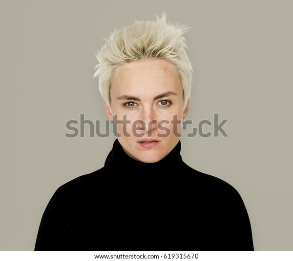 Short Blonde Hair Black Dress Staring Stock Photo Edit Now 619315670