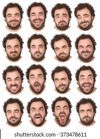 Short Curly Hair And Beard Brunette Adult Caucasian Man Collection Set Of Face Expression Like Happy, Sad, Angry, Surprise, Yawn Isolated On White