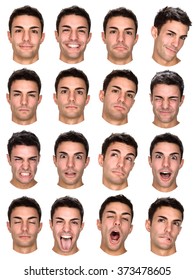 Short Hair Brunette Caucasian Man Collection Set Of Face Expression Like Happy, Sad, Angry, Surprise, Yawn Isolated On White