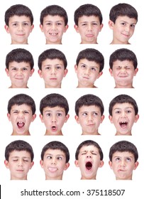 Short Hair Brunette Kid Caucasian Boy Collection Set Of Face Expression Like Happy, Sad, Angry, Surprise, Yawn Isolated On White