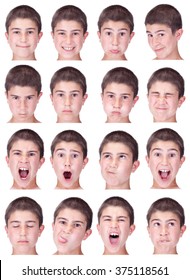 Short Hair Brunette Kid Caucasian Boy Collection Set Of Face Expression Like Happy, Sad, Angry, Surprise, Yawn Isolated On White