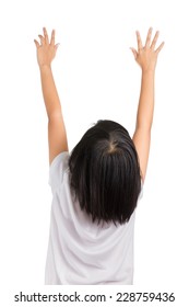 Short Hair Little Girl Reaching Her Hands Up, Isolated On White.