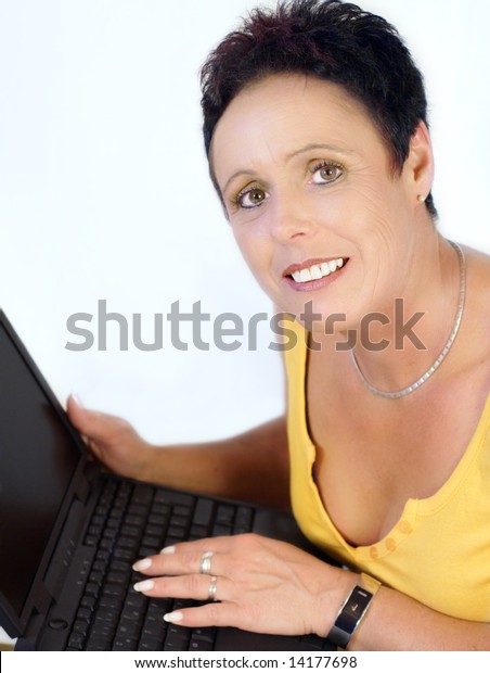 Short Hair Mature Woman Working Laptop Stock Image Download Now