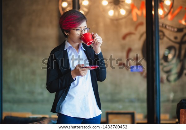 Short Hair Purple Hair She Works Stock Photo Edit Now 1433760452