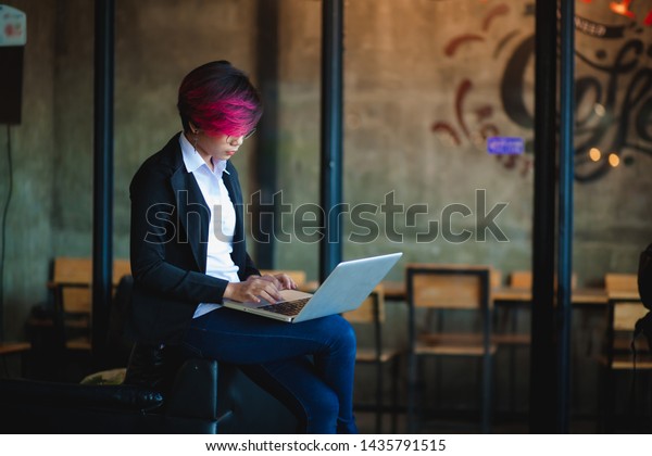Short Hair Purple Hair She Works Stock Photo Edit Now 1435791515