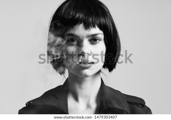 Short Haircut Woman Dark Hair Smoke Stock Photo Edit Now