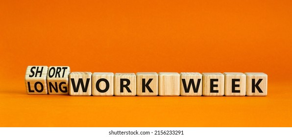 Short Or Long Work Week Symbol. Turned Wooden Cubes And Changed Concept Words Long Work Week To Short Work Week. Beautiful Orange Background. Business Short Or Long Work Week Concept. Copy Space.