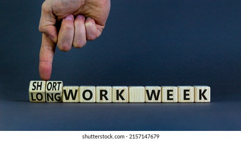 Short Or Long Work Week Symbol. Businessman Turns Cubes And Changes Concept Words Long Work Week To Short Work Week. Beautiful Grey Background. Business Short Or Long Work Week Concept. Copy Space.