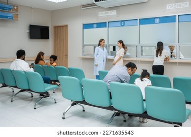 Short of the pharmacy provides services to patients in hospital ward. Group of sick people sitting on chairs, feeling happy and relax while waiting on line que to receive medicine in medical centers. - Powered by Shutterstock