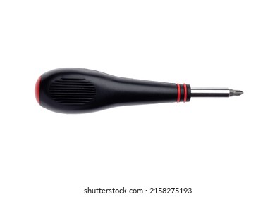 Short screwdriver with head shifter and black handle isolated on white background.
