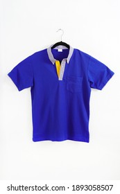 A Short Sleeve Collar Shirt In Dark Blue And Yellow The Collar Is White And Blue. On A White Background Suitable For Office Workers Made Of Cotton          