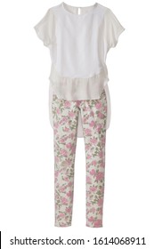 Short Sleeve White Blouse With High To Low Hem And Floral Print Pants On White Background