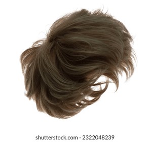 Explosión de caída de la mosca del estilo de cabello corto recto de peluca. Mujer marrón oscuro peluca el pelo flotando en el aire. Bruja rubia rubia de cabello rubio de punta de nubes. Fondo blanco aislado