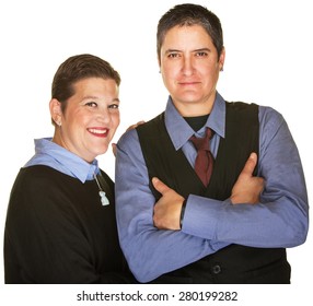 Short And Tall Lesbian Couple Over Isolated White Background