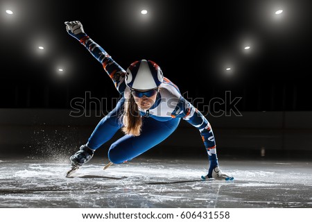 short track. athlete on ice preparing to start