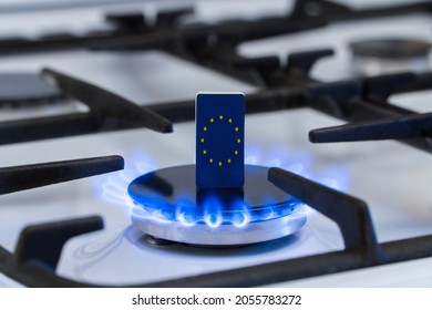 Shortage And Gas Crisis. Flag Of The European Union On A Burning Gas Stove