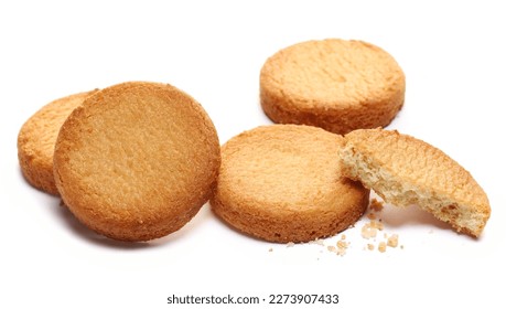Shortbread biscuits pile, breton style, close up tea pastry with butter isolated on white
