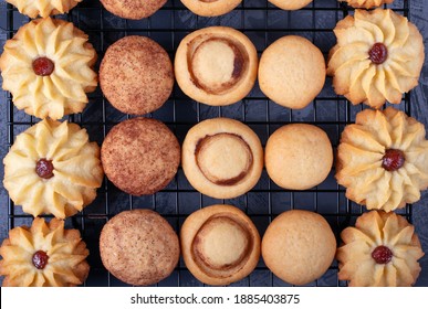 Shortbread Cookie Assortment On The Pastry Lattice On The Gray Wooden Table. Top View