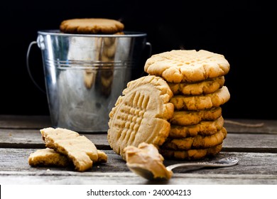 Shortbread Cookie With Peanut Butter On A Black Background