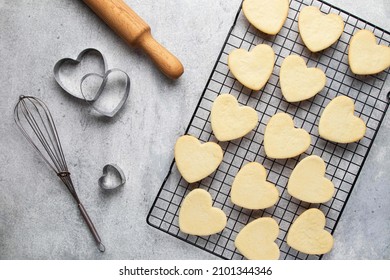 Shortbread cookies in shape of heart on grey background. Mother's day, Women's day, Valentine's day. Homemade present.