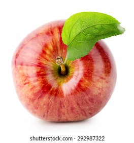 Shot From Above Red Apple With Green Leaf Isolated On White Background