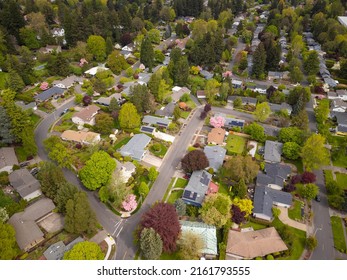 Shot from the air. Small green city, suburb. Roofs of cozy houses, many trees, bushes, green lawns. Comfortable place to stay, environmentally friendly place. Map, topography, construction. - Shutterstock ID 2161793555