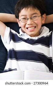 Shot Asian Kid Studying Home Stock Photo 27300964 