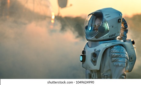 Shot Of The Astronaut On Mars Walking Toward His Base/ Research Station, Looking Around. First Manned Mission To Mars, Technological Advance Brings Space Exploration, Colonization.