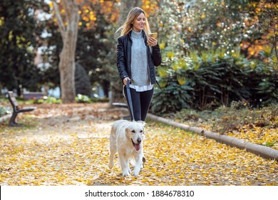 Shot of attractive young woman walking with her lovely golden retriever dog while using her smart phone in the park in autumn. - Shutterstock ID 1884678310