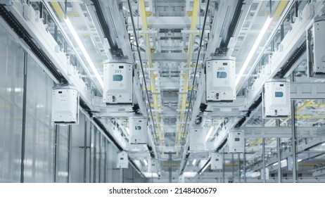 Shot Of Automated Handling Material System Lines For Wafers Inside Advanced Semiconductor Production Fab Cleanroom